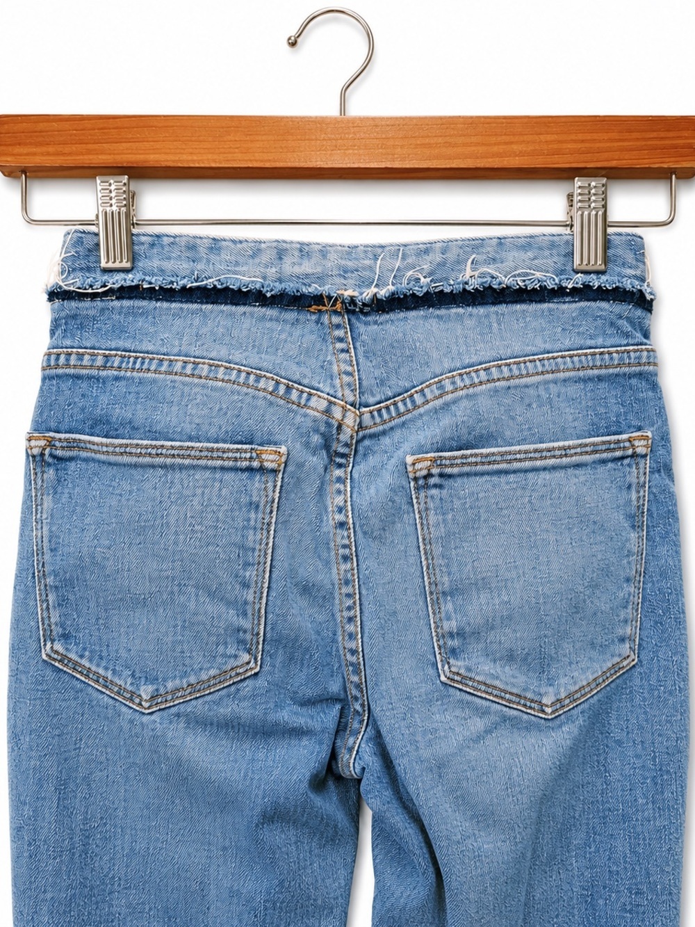 FRAME Le High Straight Tie Waist Jeans Frayed Hem Faded Blue Wash, Size 25 - Picture 8 of 12